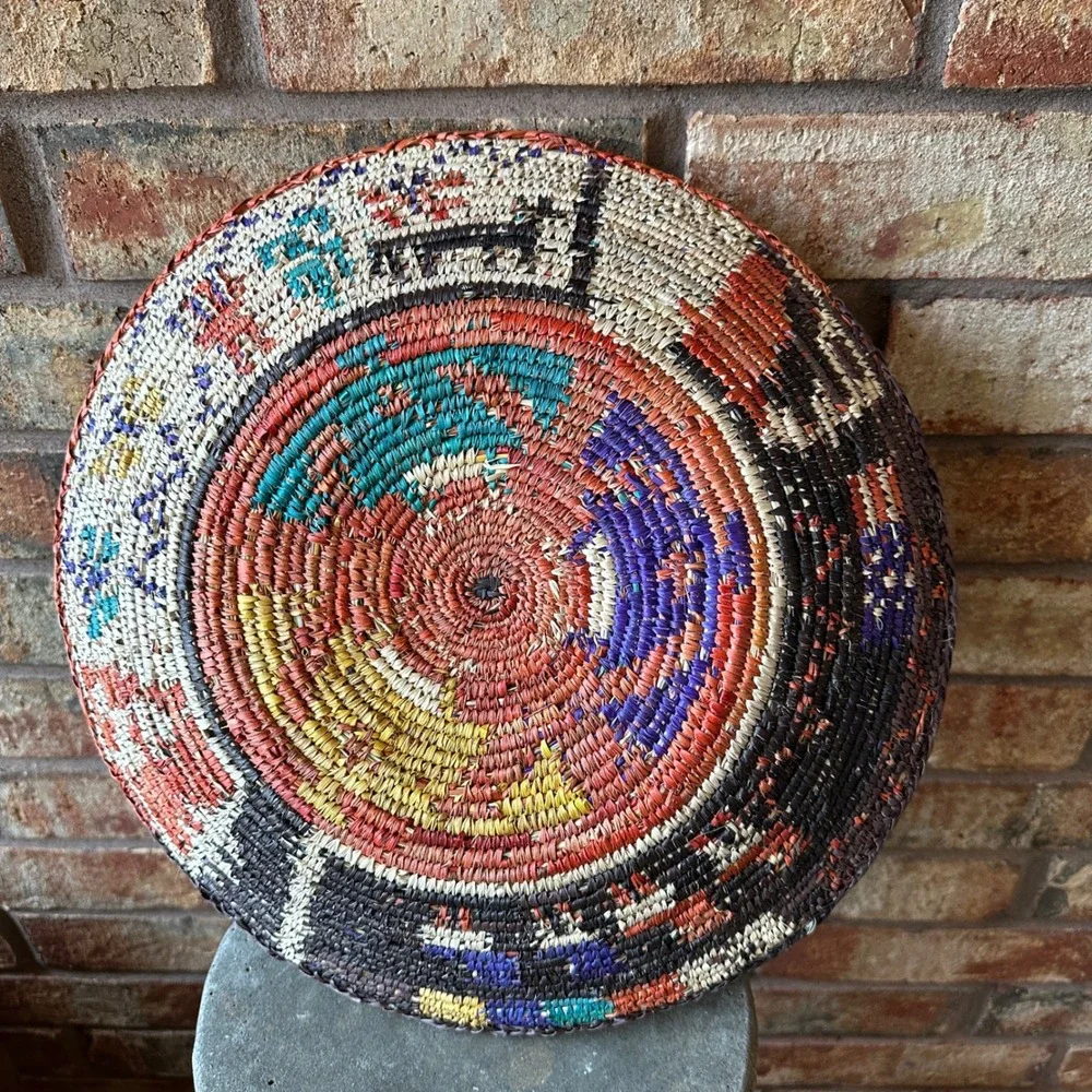 Vintage Southwestern Woven Coil Basket Wall Decor Tray 14 Inch Multicolor